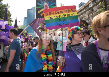Warsaw, Poland - June 9, 2018: Participants of large Equality Parade - LGBT community pride parade in Warsaw city. Placard 'I don`t afraid Stock Photo